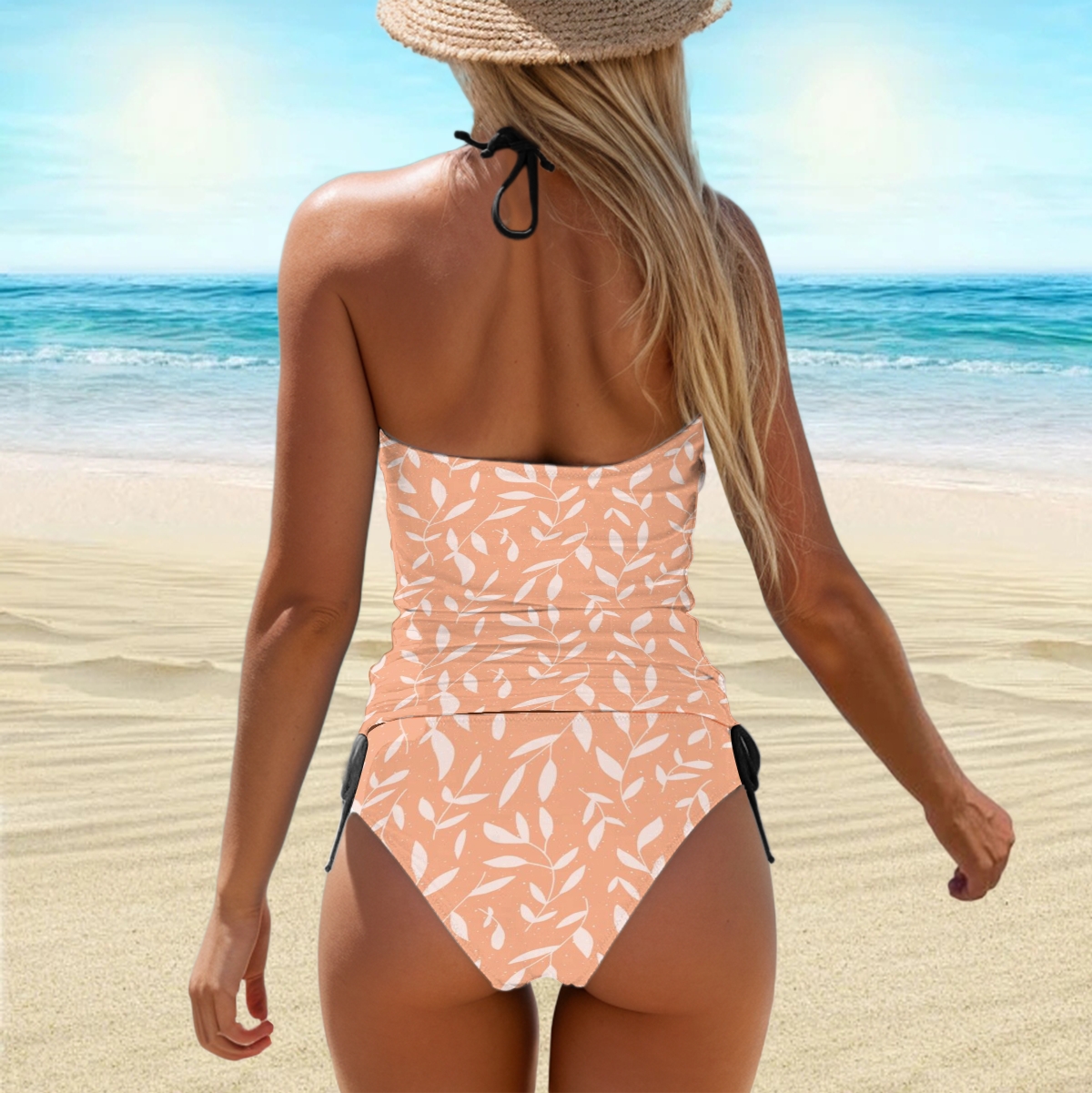 Soft Peach Tankini with Leaf Motif and Side Tie Bottoms