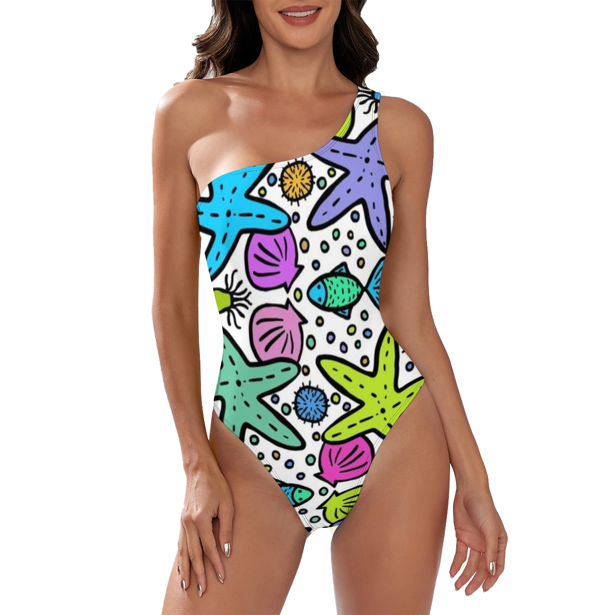 One Shoulder Cartoon Sea Life Print One-Piece Swimsuit for Women