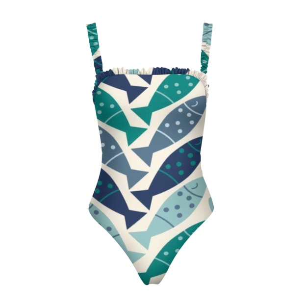 Chic One Piece Swimsuit for Women Blue and Teal Fish Pattern Ruffle Trim