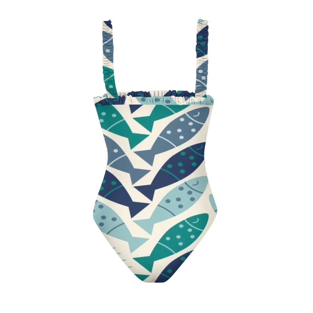 Chic One Piece Swimsuit for Women Blue and Teal Fish Pattern Ruffle Trim