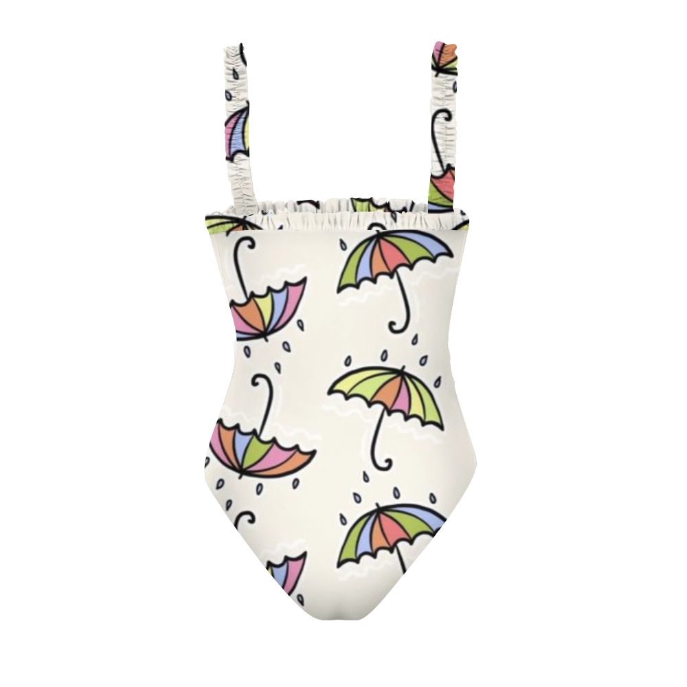 Women's Umbrella Print One Piece Swimsuit Ruffle Trim Cute Monokini