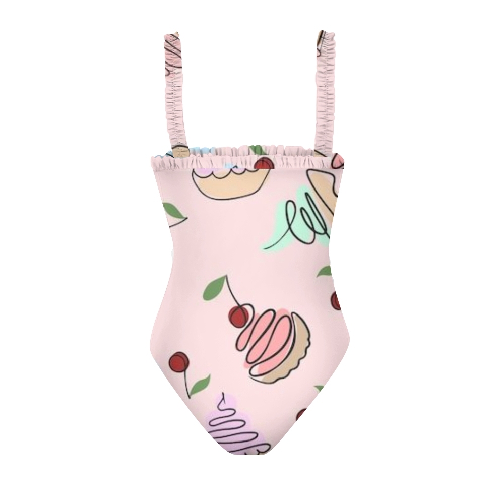 Colorful Dessert Pattern One Piece Swimsuit with Ruffle Straps