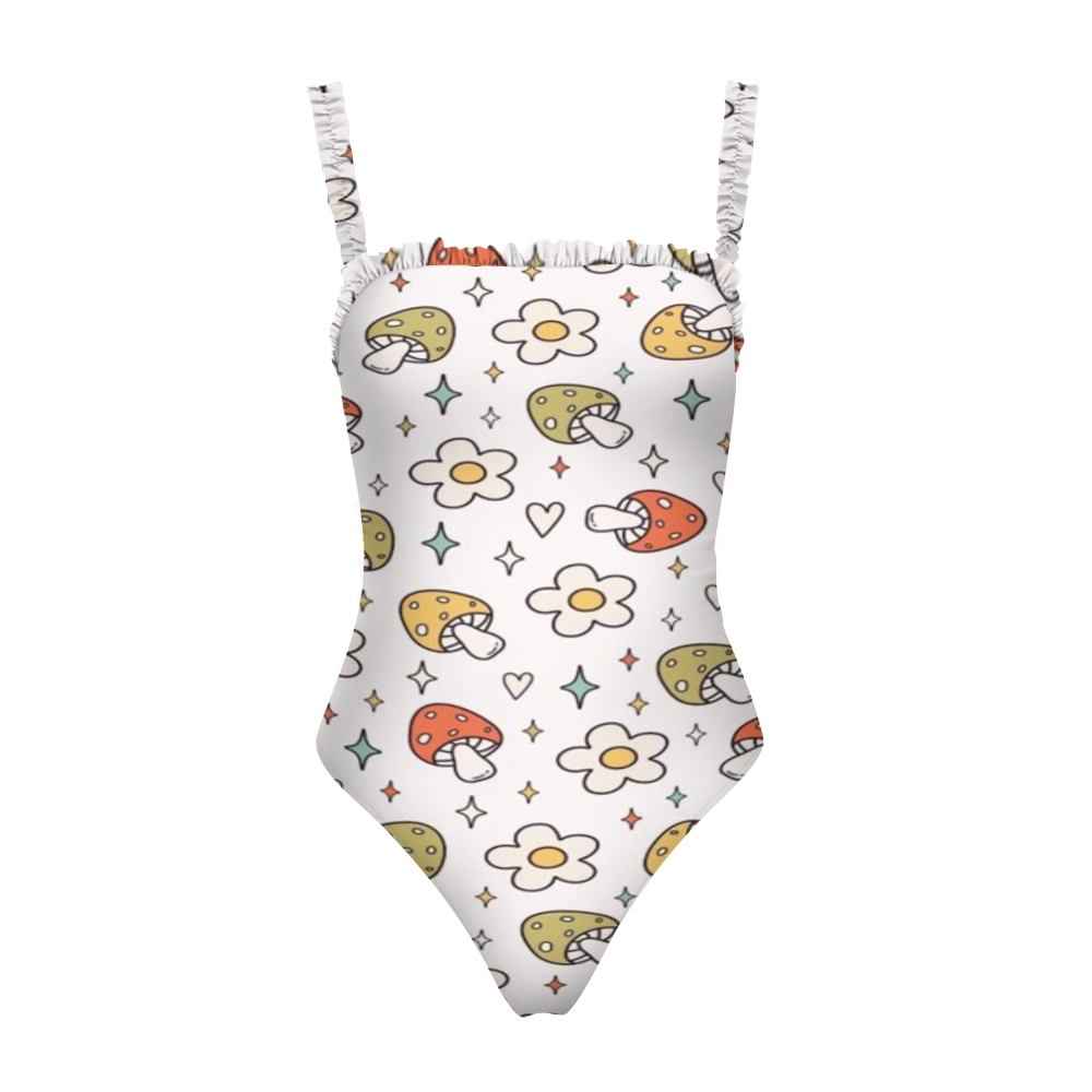 Women's Whimsical One Piece Swimsuit Nature Inspired Floral and Mushroom Design