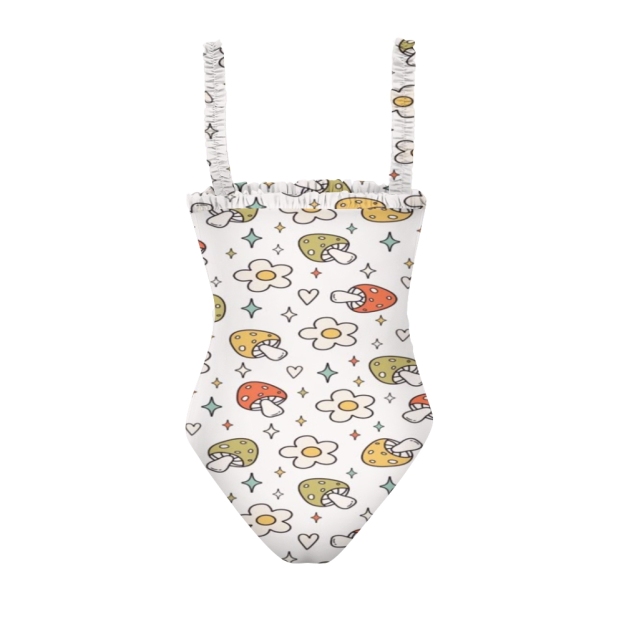 Women's Whimsical One Piece Swimsuit Nature Inspired Floral and Mushroom Design