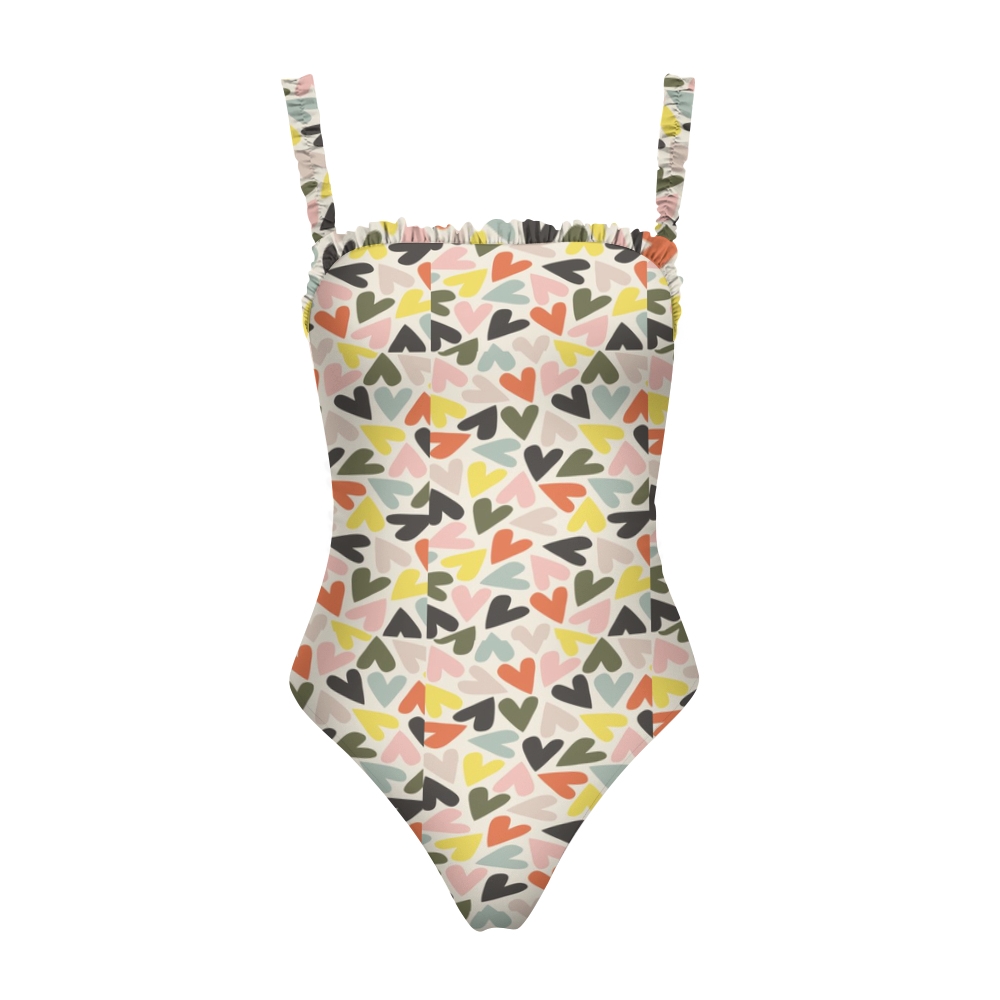 Chic One Piece Swimsuit for Women White Base Heart Print Ruffle Straps