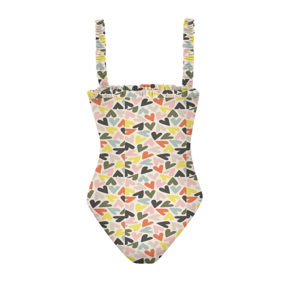 Chic One Piece Swimsuit for Women White Base Heart Print Ruffle Straps