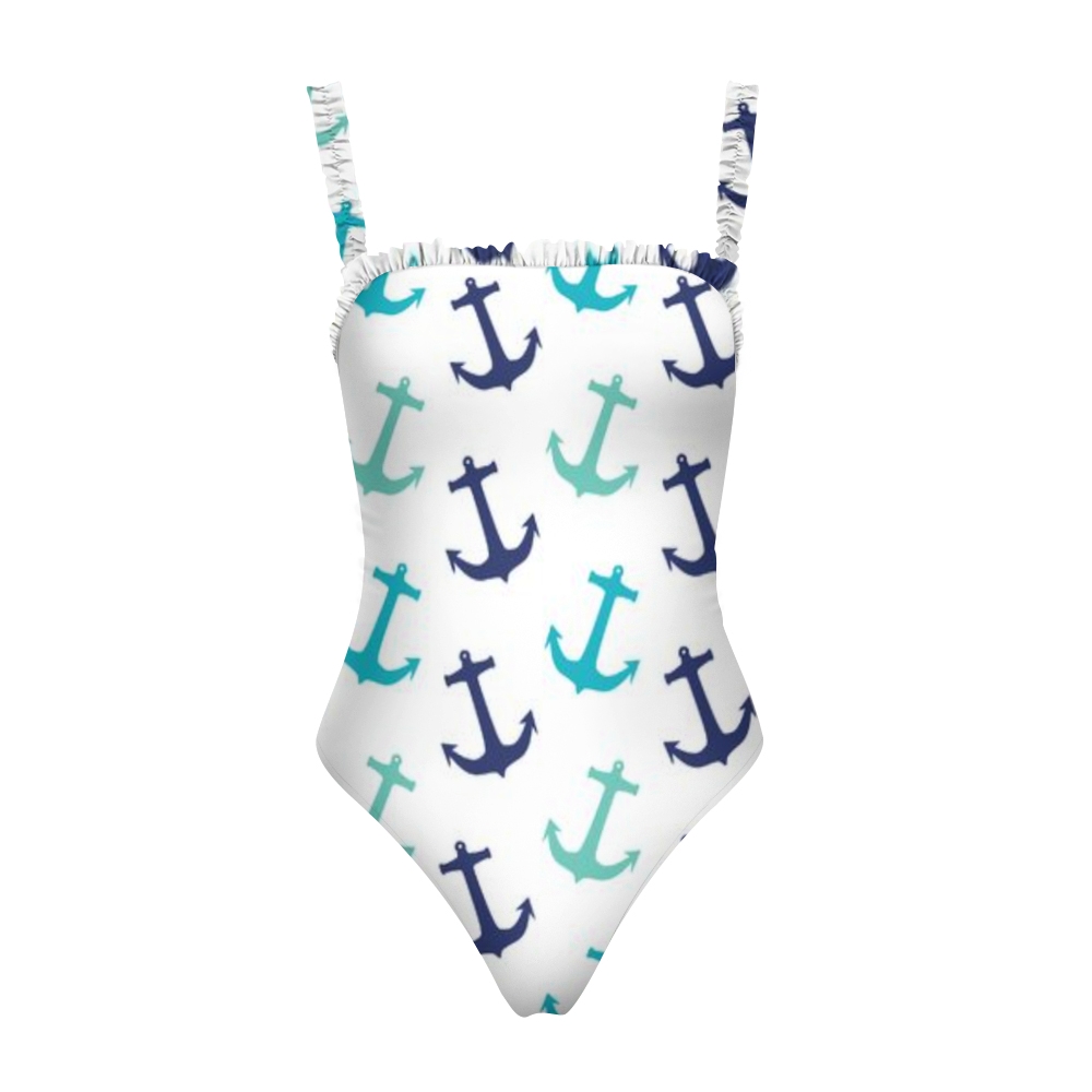 Elegant One Piece Swimsuit for Women Nautical Theme Ruffle Shoulder Monokini