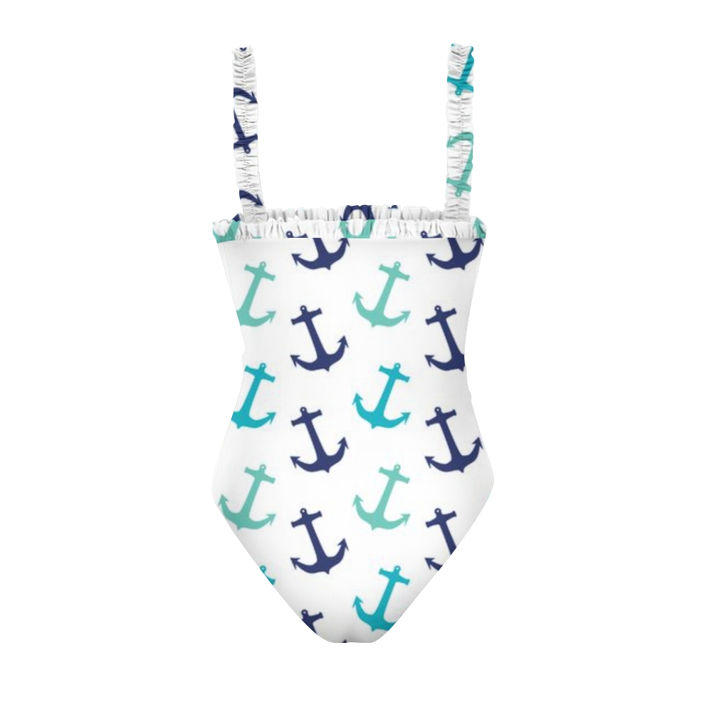 Elegant One Piece Swimsuit for Women Nautical Theme Ruffle Shoulder Monokini