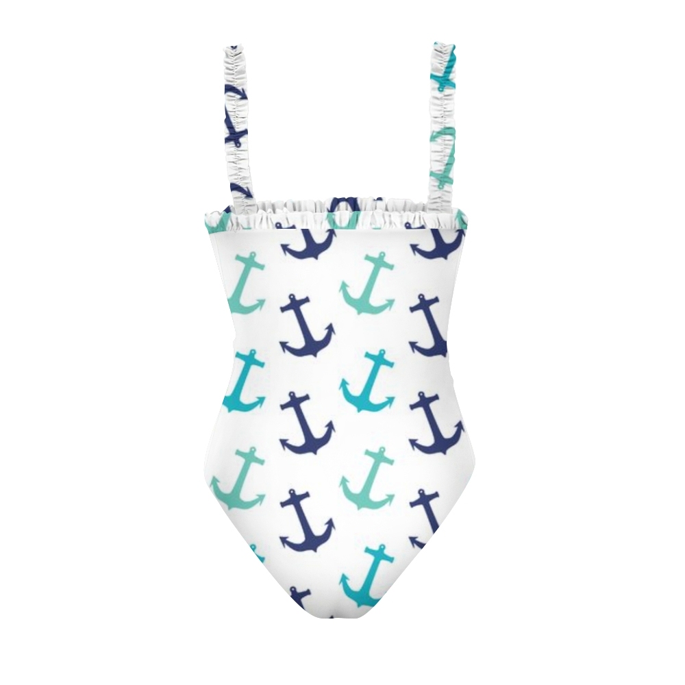 Elegant One Piece Swimsuit for Women Nautical Theme Ruffle Shoulder Monokini