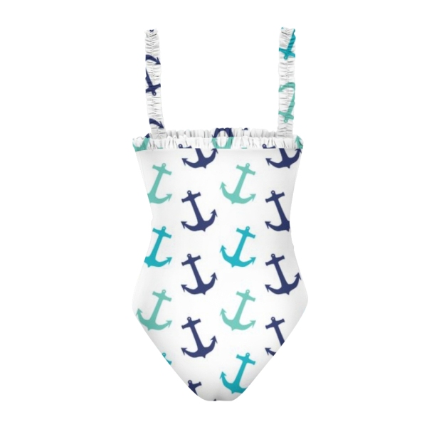 Elegant One Piece Swimsuit for Women Nautical Theme Ruffle Shoulder Monokini