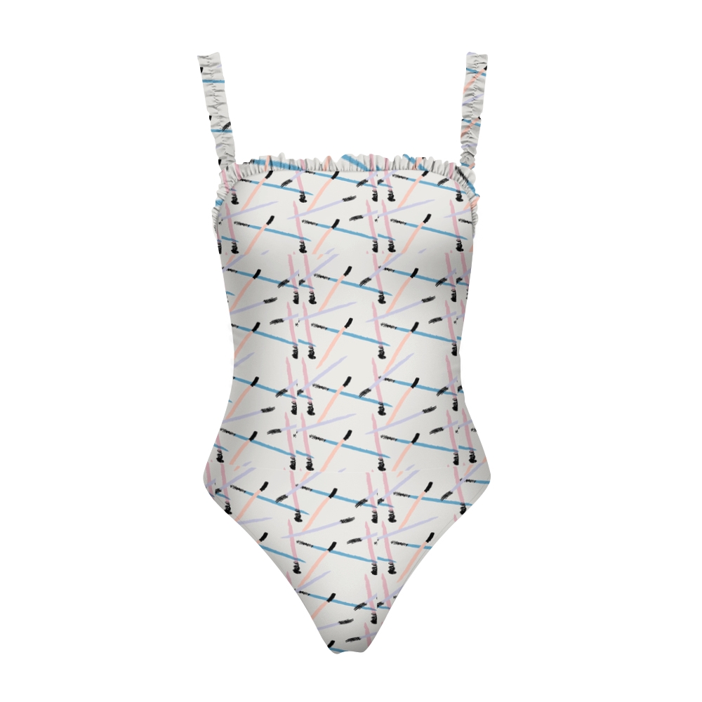 Women's Modern Grid Print One Piece Swimsuit White Base Ruffle Shoulder
