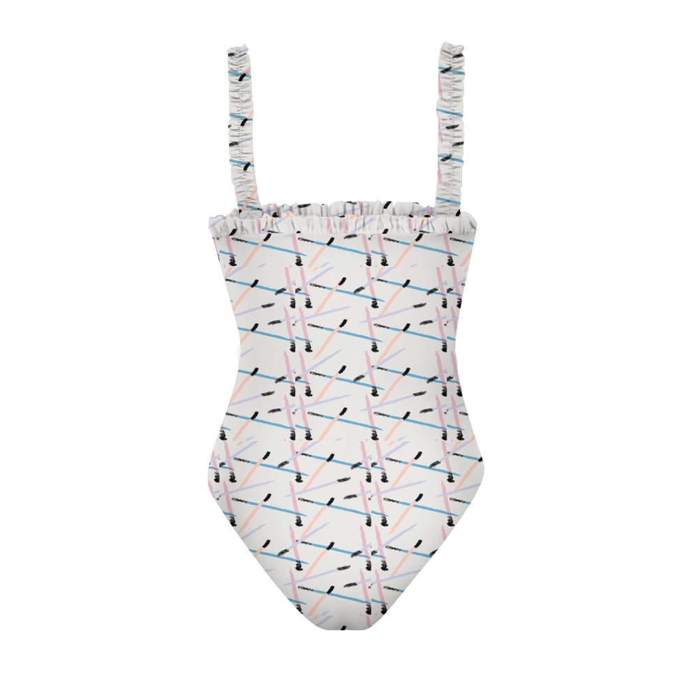 Women's Modern Grid Print One Piece Swimsuit White Base Ruffle Shoulder