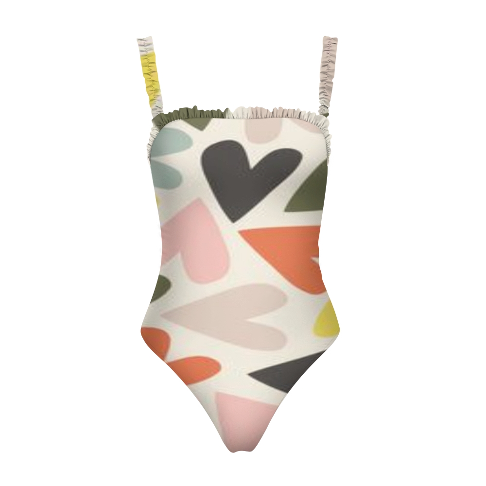 Women Romantic One Piece Swimsuit Colorful Heart Design Ruffle Trim