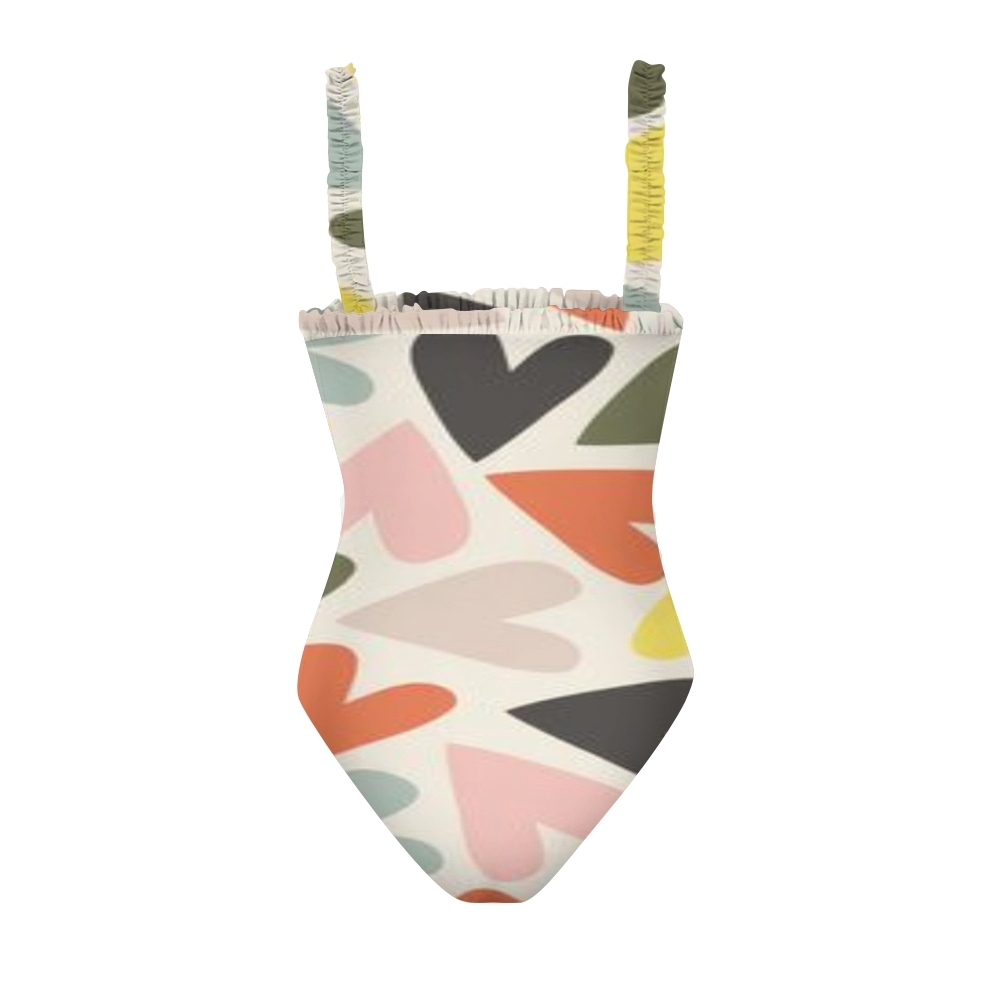 Women Romantic One Piece Swimsuit Colorful Heart Design Ruffle Trim