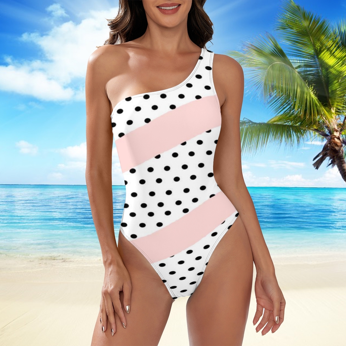 Women's Polka Dot One Shoulder One Piece Swimsuit Pink Stripe Retro Monokini
