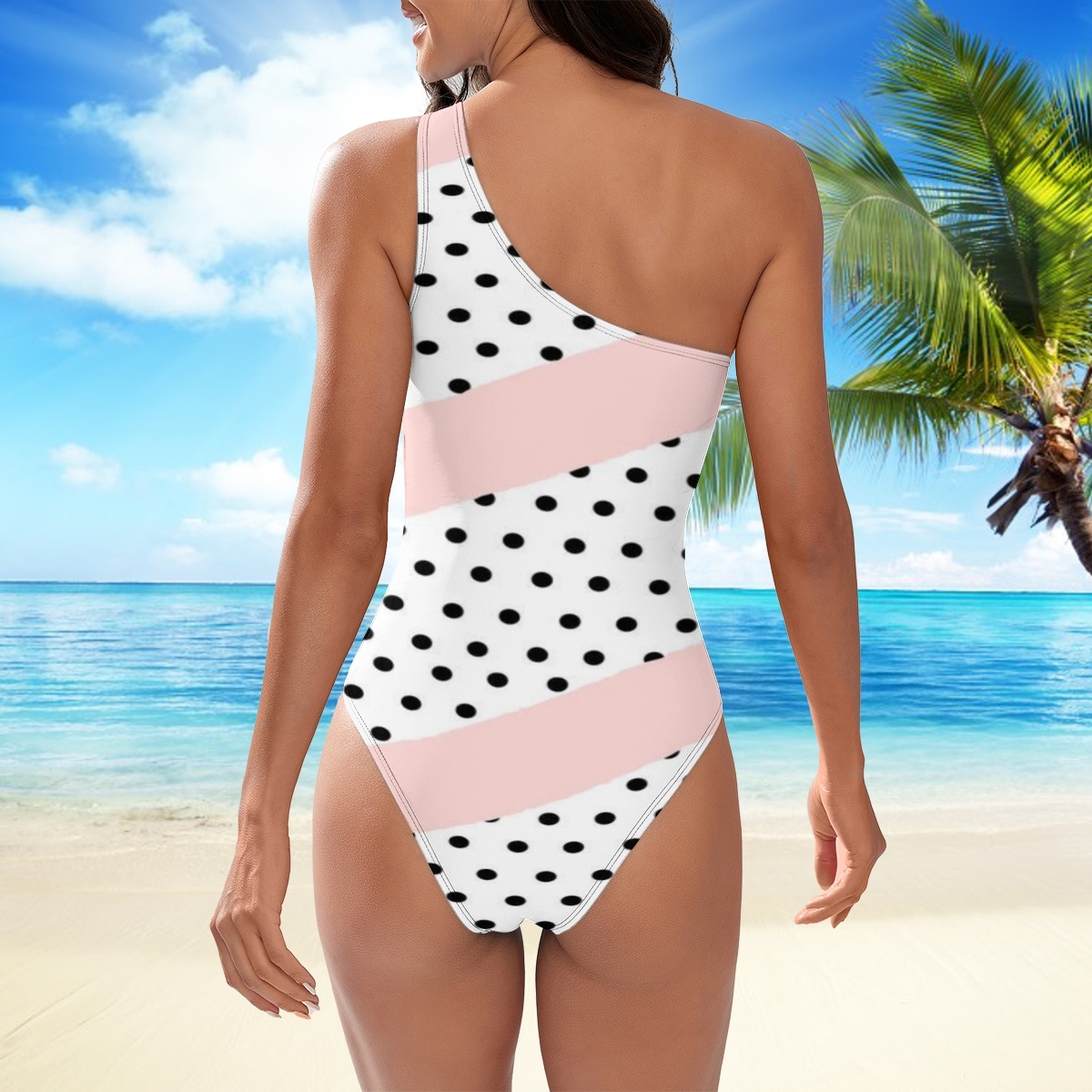 Women's Polka Dot One Shoulder One Piece Swimsuit Pink Stripe Retro Monokini