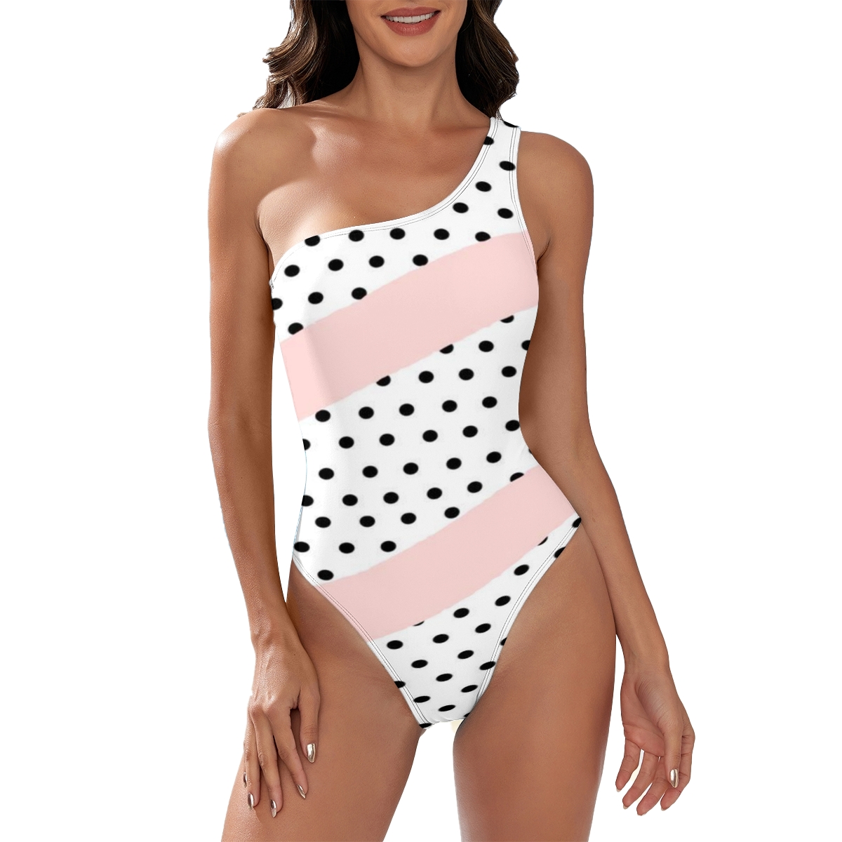 Women's Polka Dot One Shoulder One Piece Swimsuit Pink Stripe Retro Monokini