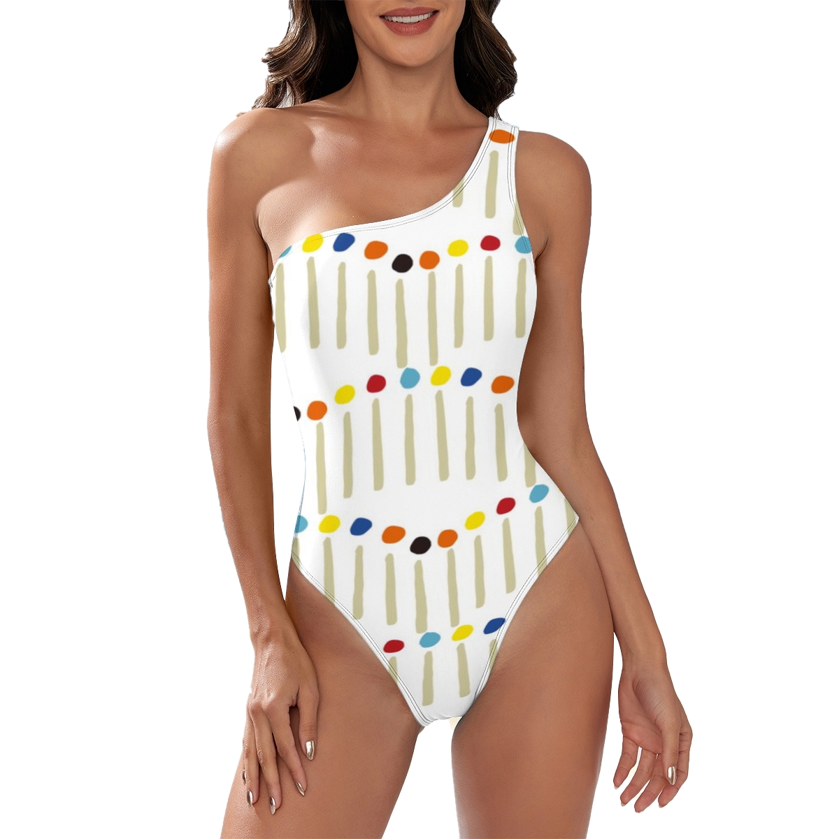 Women's Colorful Dot Stripe Print One Shoulder One Piece Swimsuit Artistic Monokini
