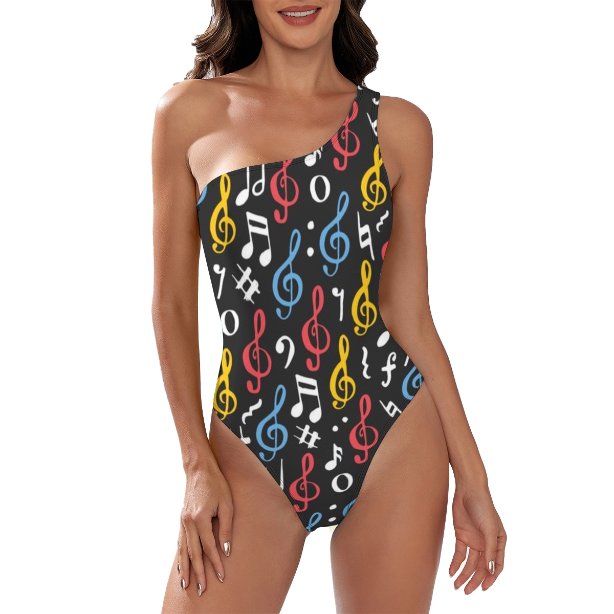 Women's Music Print One Shoulder One Piece Swimsuit Colorful Notes Monokini