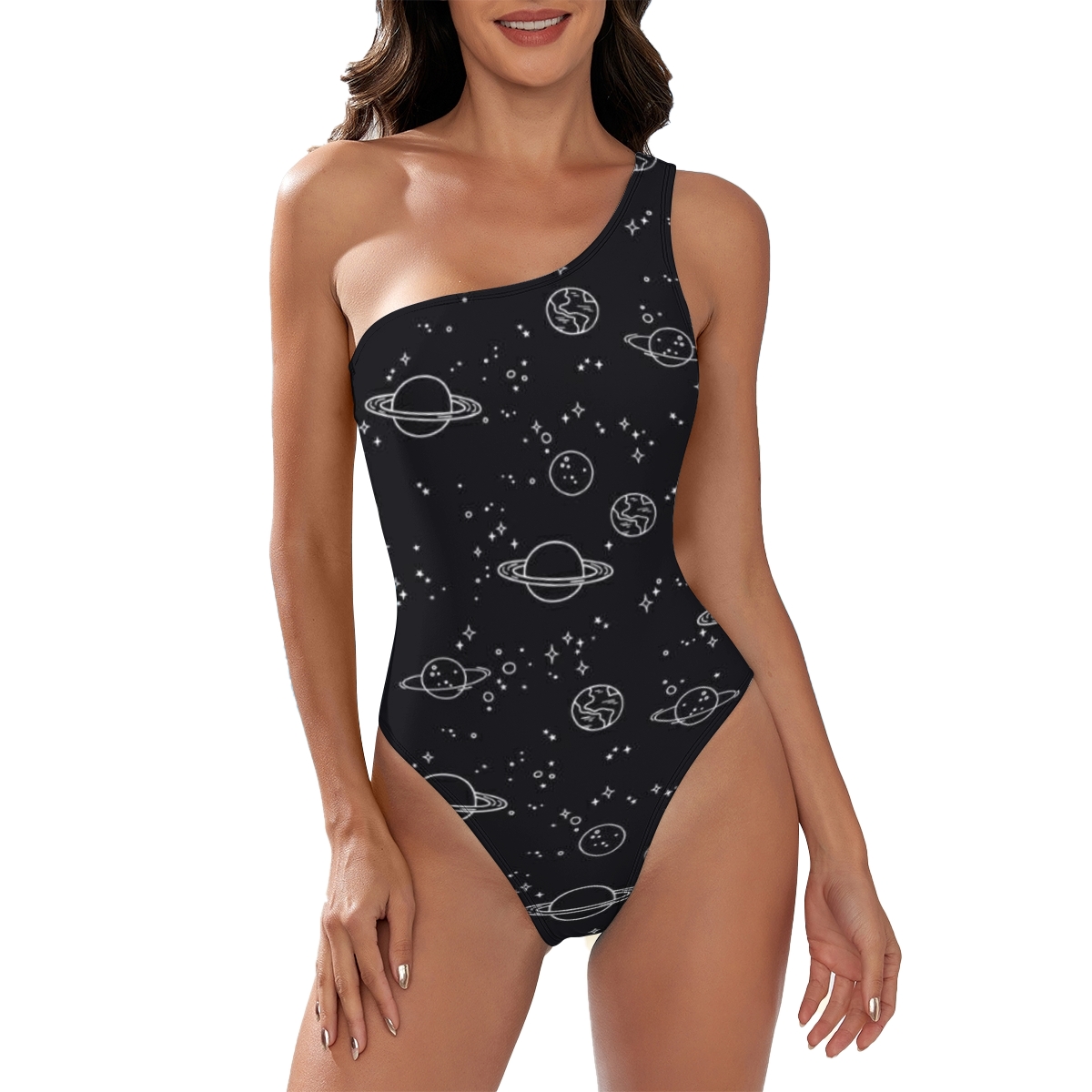Women's Space Print One Shoulder One Piece Swimsuit Celestial Pattern Monokini