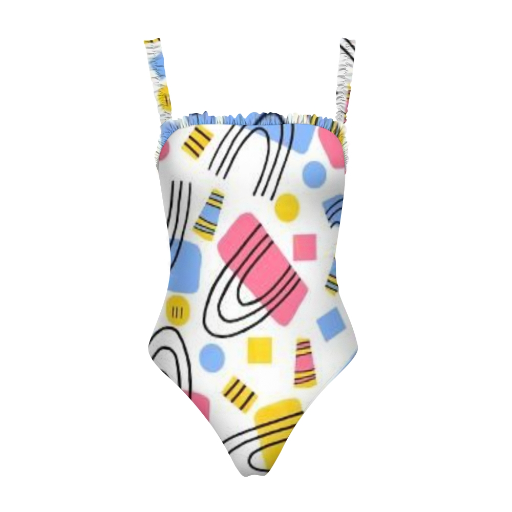 Women Artistic One Piece Swimsuit Colorful Graphic Print Ruffle Shoulder