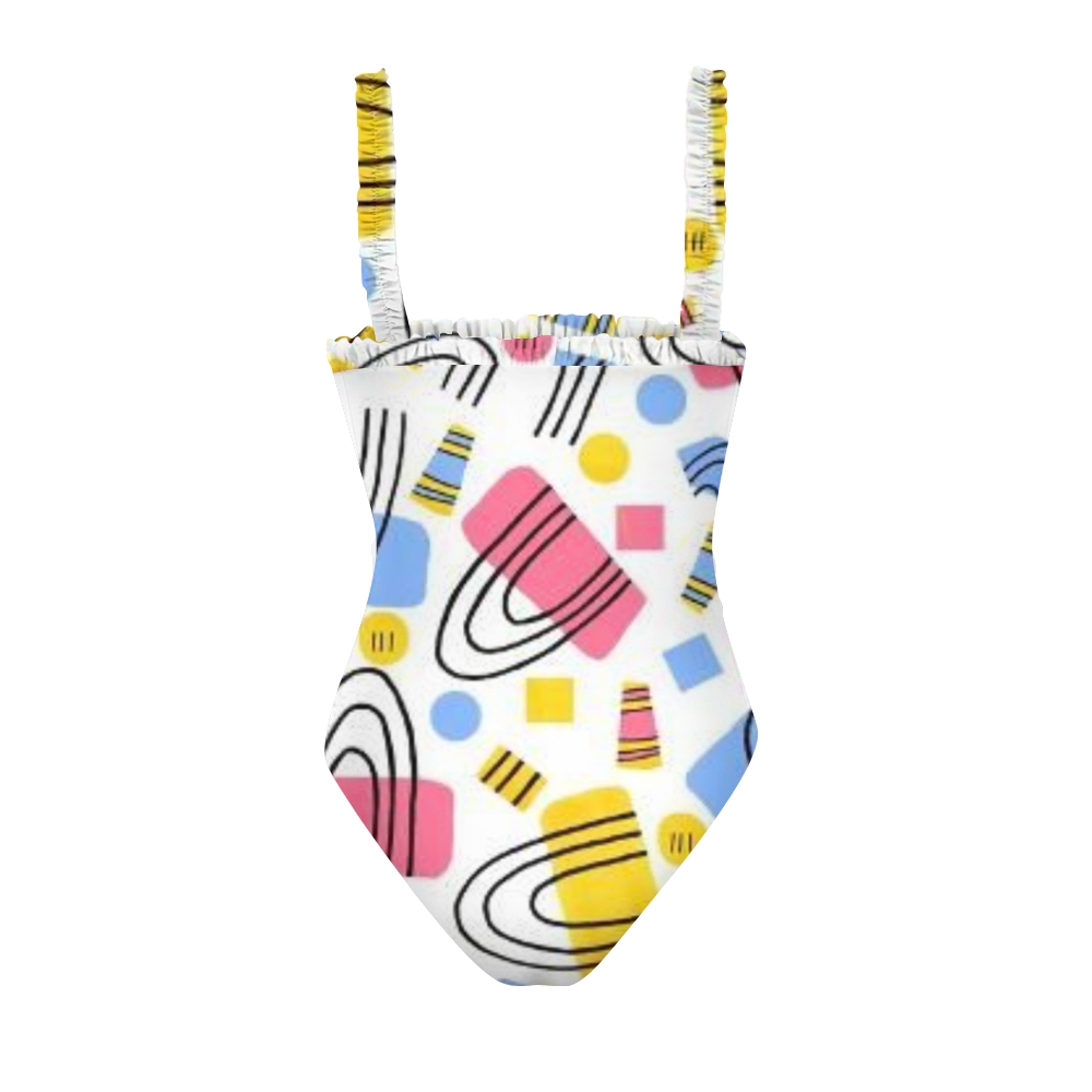 Women Artistic One Piece Swimsuit Colorful Graphic Print Ruffle Shoulder
