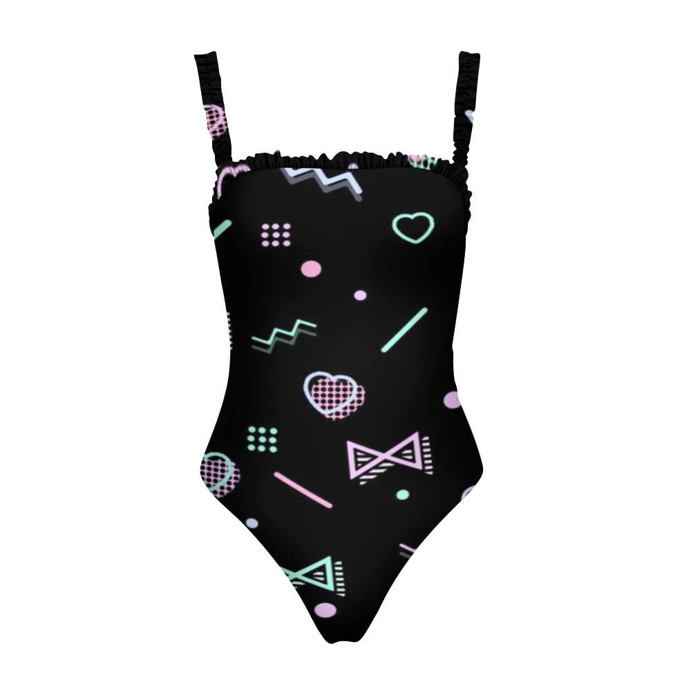 Chic One Piece Swimsuit for Women Black Base Geometric Pattern Ruffle Straps