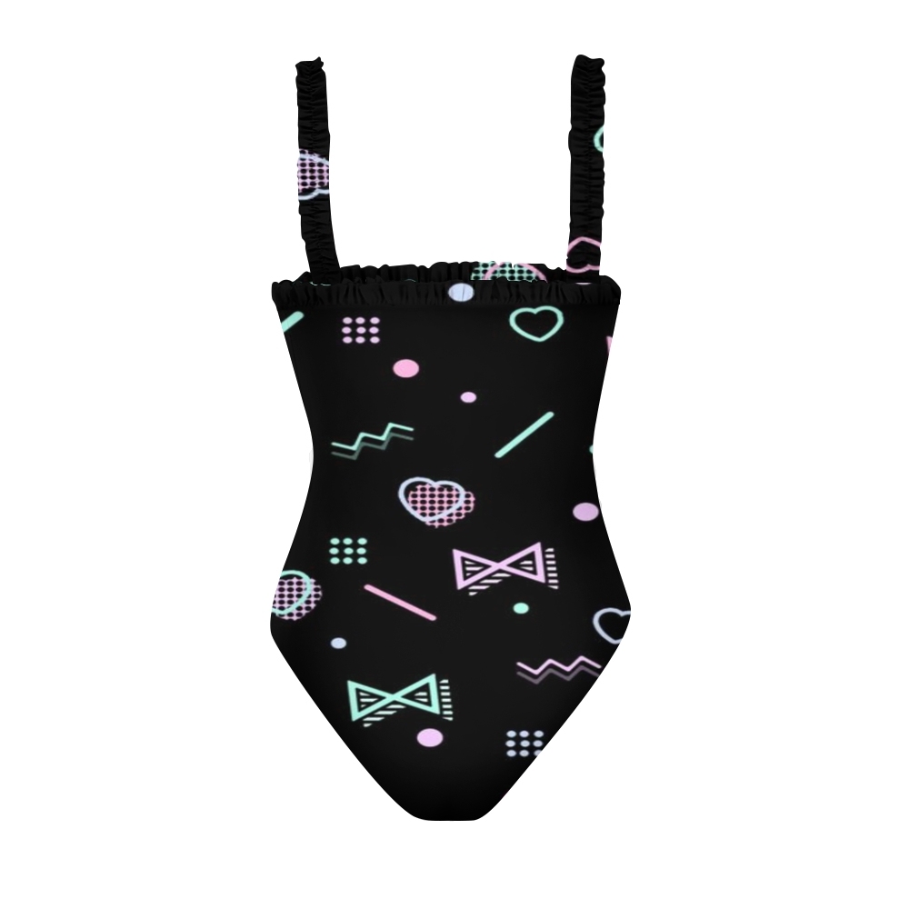 Chic One Piece Swimsuit for Women Black Base Geometric Pattern Ruffle Straps