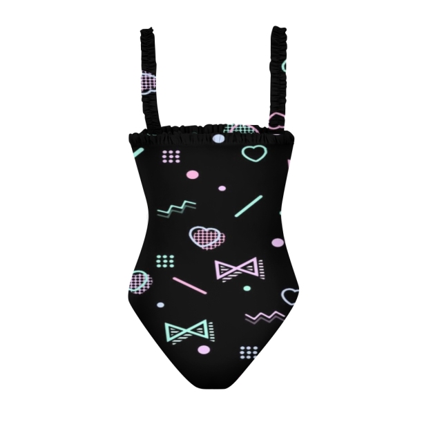 Chic One Piece Swimsuit for Women Black Base Geometric Pattern Ruffle Straps