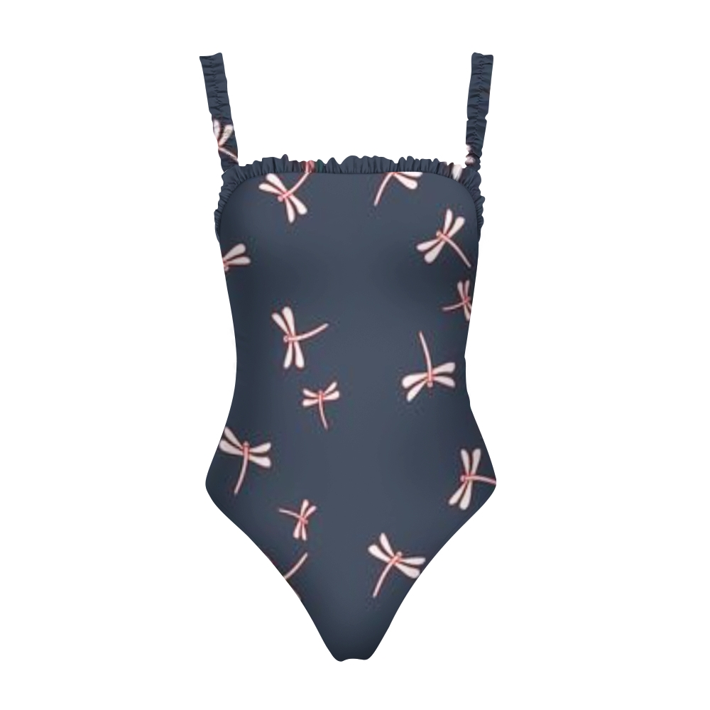 Women One Piece Swimsuit with Ruffle Straps and Dragonfly Print