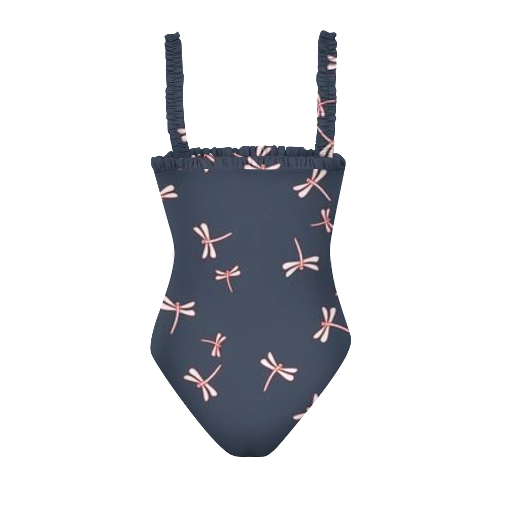 Women One Piece Swimsuit with Ruffle Straps and Dragonfly Print