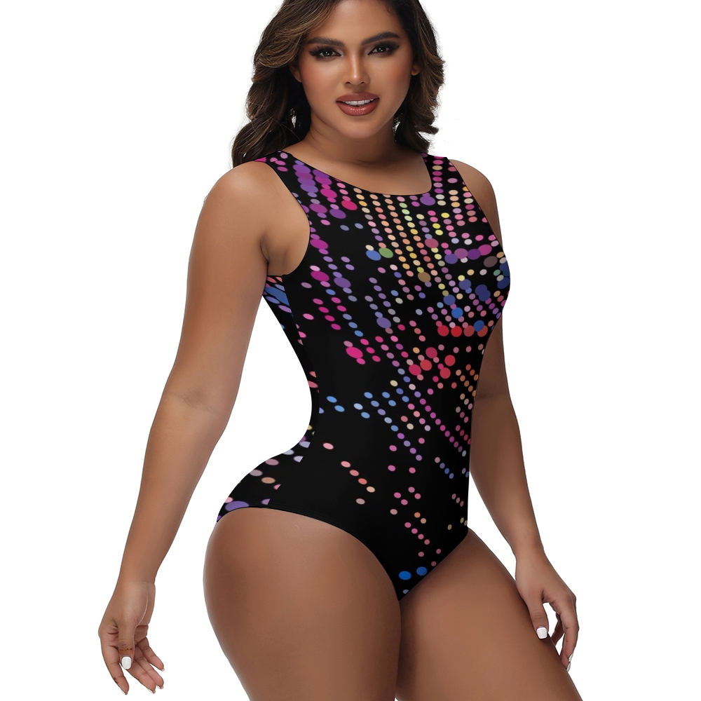 Sleeveless One Piece Bathing Suit with Multicolor Dots and Black Base