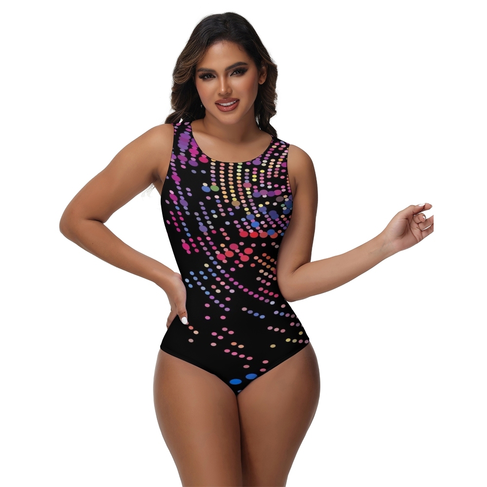 Sleeveless One Piece Bathing Suit with Multicolor Dots and Black Base