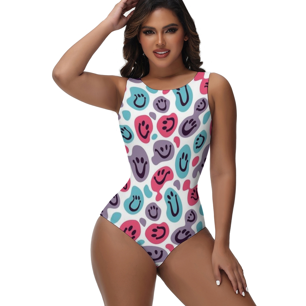 Women One Piece Swimsuit with Vibrant Cartoon Smileys