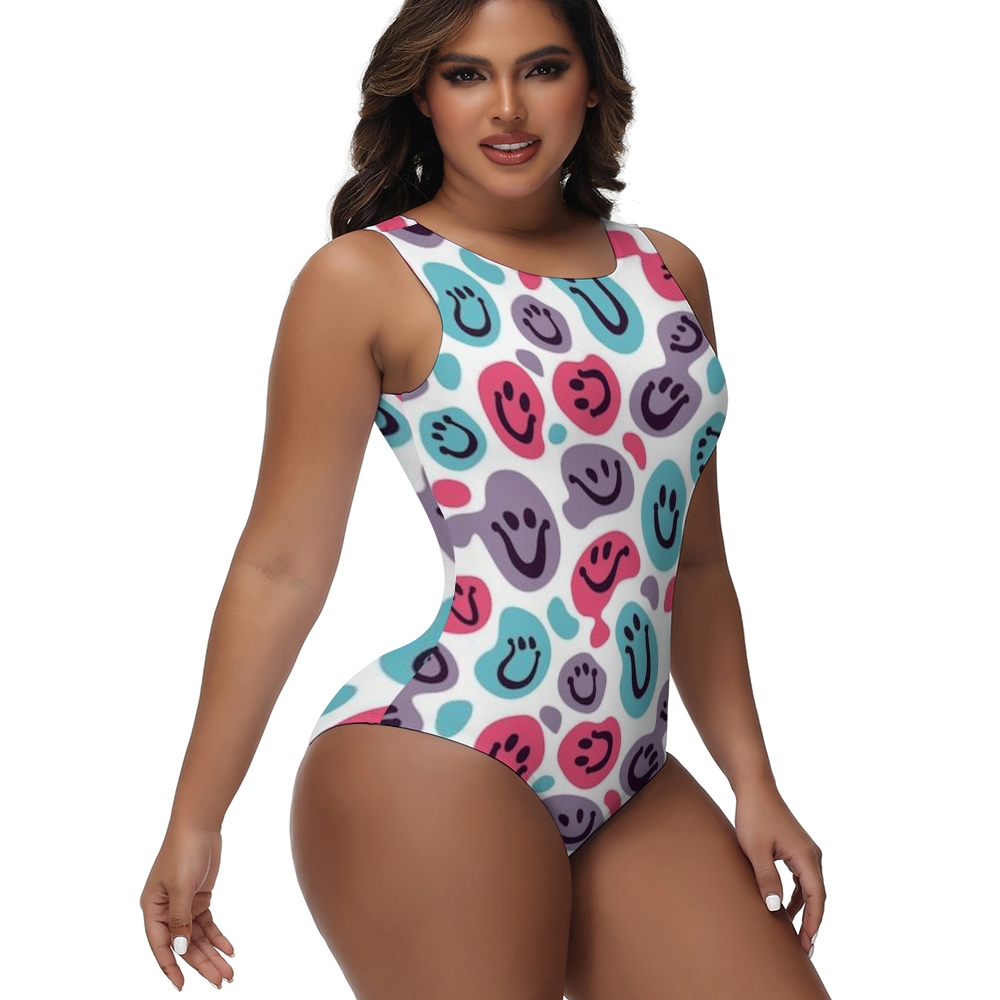 Women One Piece Swimsuit with Vibrant Cartoon Smileys
