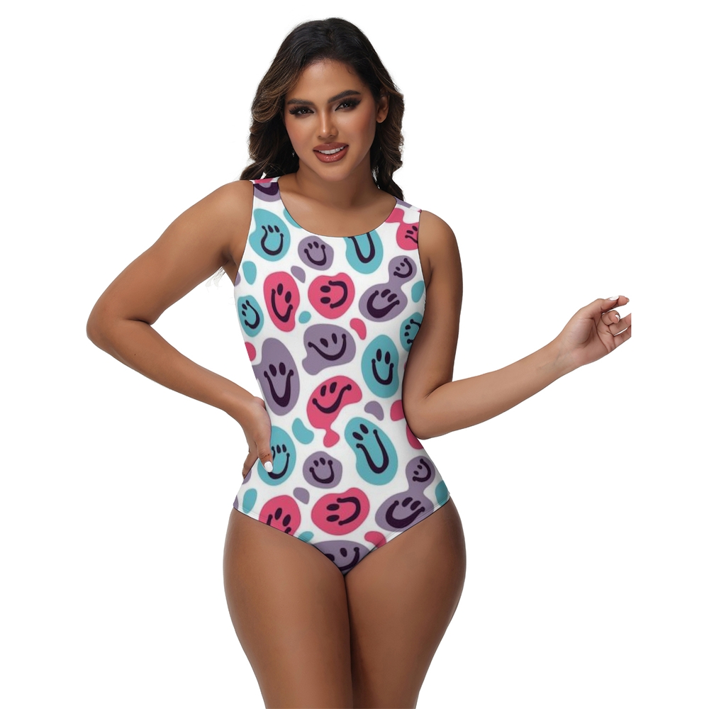 Women One Piece Swimsuit with Vibrant Cartoon Smileys