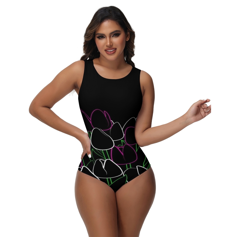 Chic One Piece Swimsuit for Women with Artistic Tulip Print