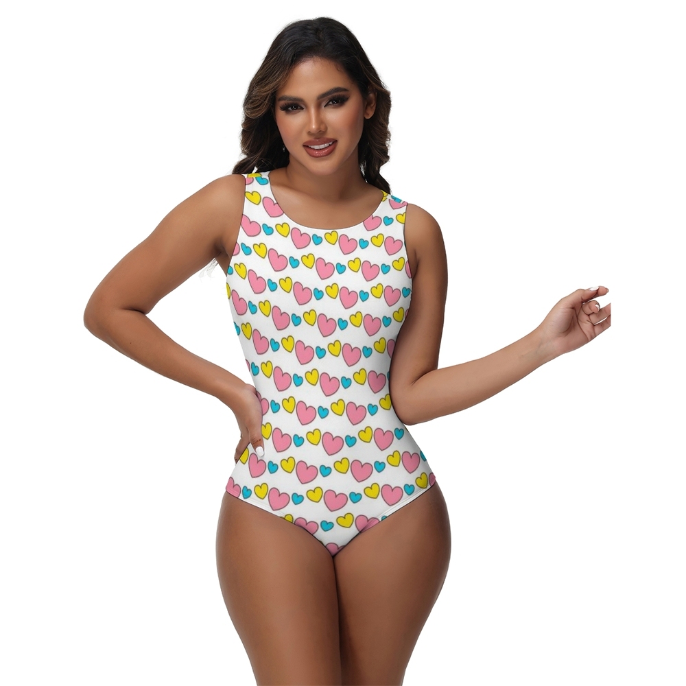 Women Cute One Piece Bathing Suit with Rainbow Heart Pattern