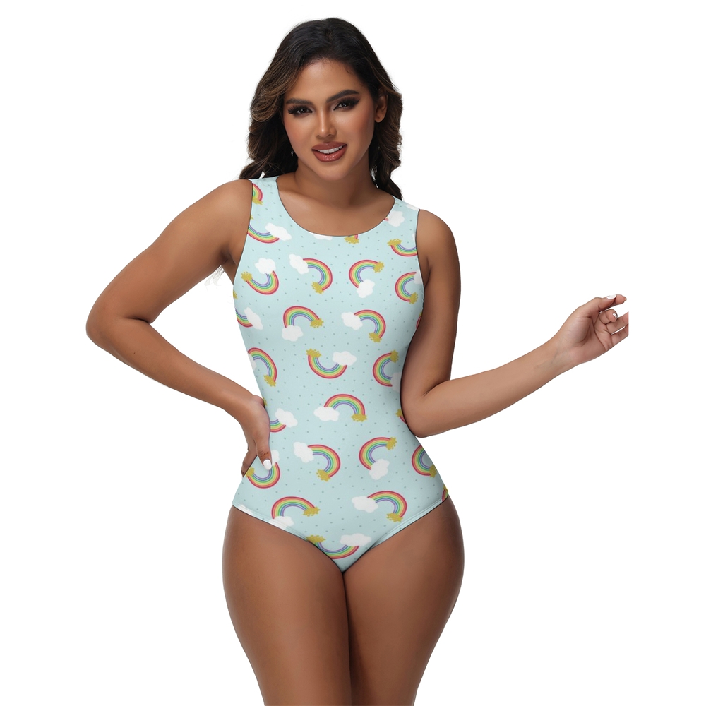 Women One Piece Swimsuit with Rainbow Cloud and Star Print