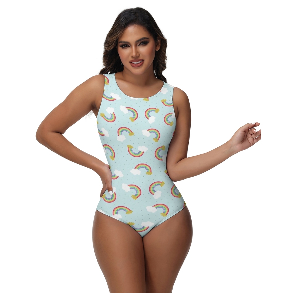 Women One Piece Swimsuit with Rainbow Cloud and Star Print