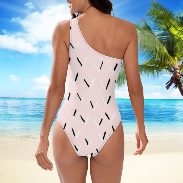 Street Style One Shoulder Swimsuit with Pink Base and Graphic Print