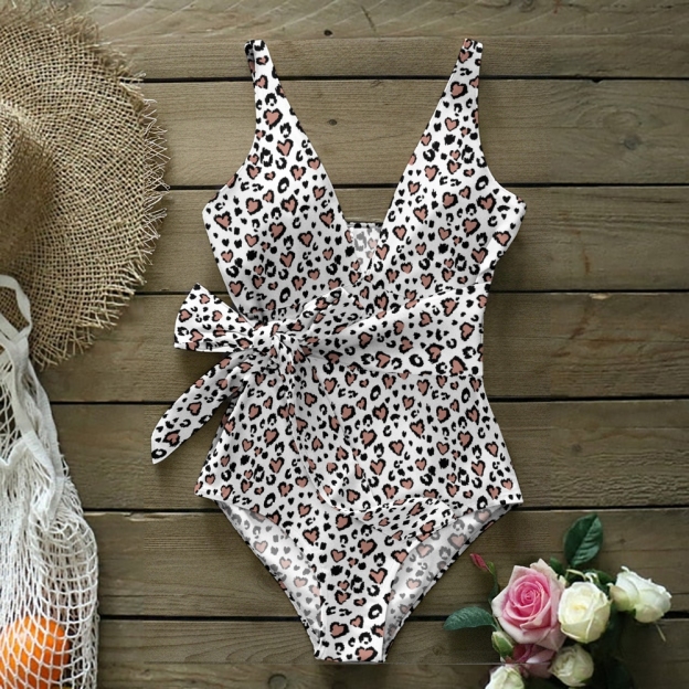 Women's Leopard Print One Piece Swimsuit Deep V Neck Bow Tie Waist Monokini