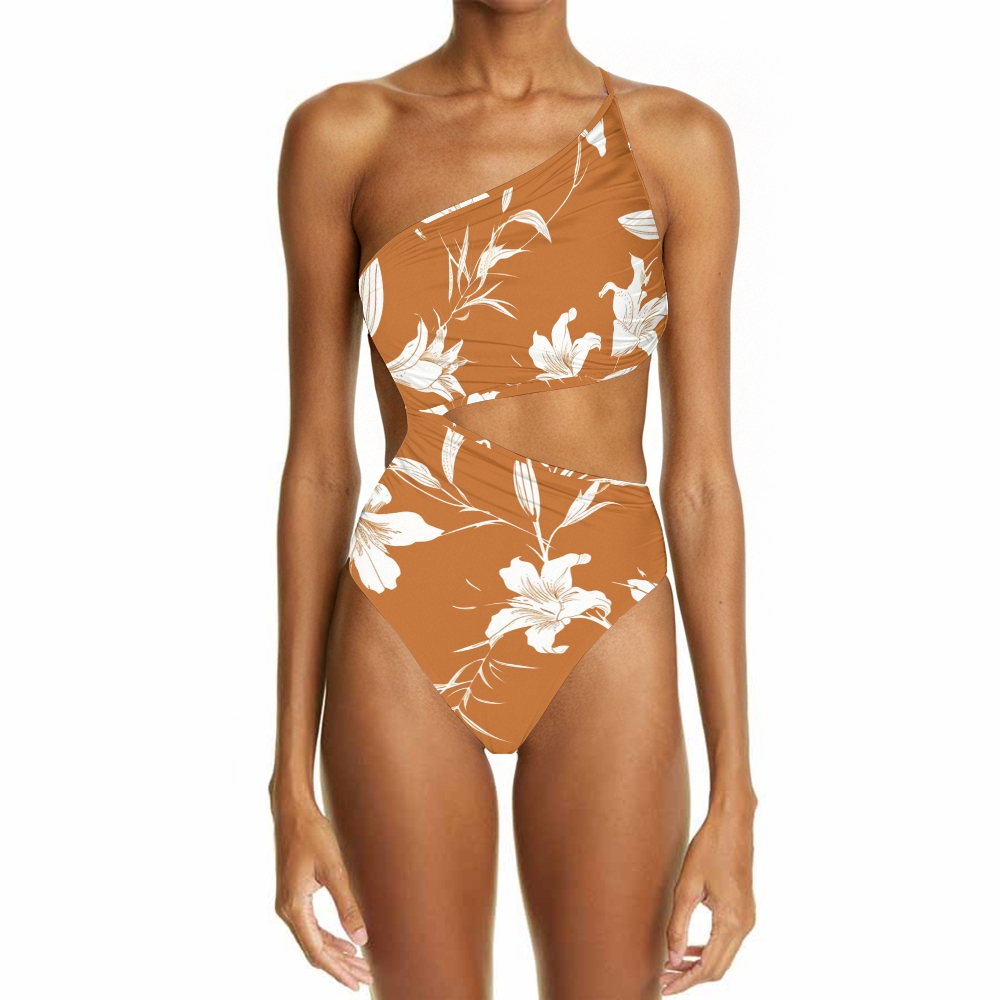 Women's Asymmetric Floral One Shoulder One Piece Swimsuit High Waist Cut Out Design