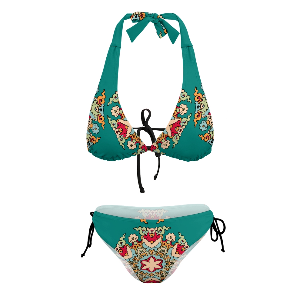Boho Style Bikini for Women Teal Ethnic Print Halter Top and Tie Side Bottom