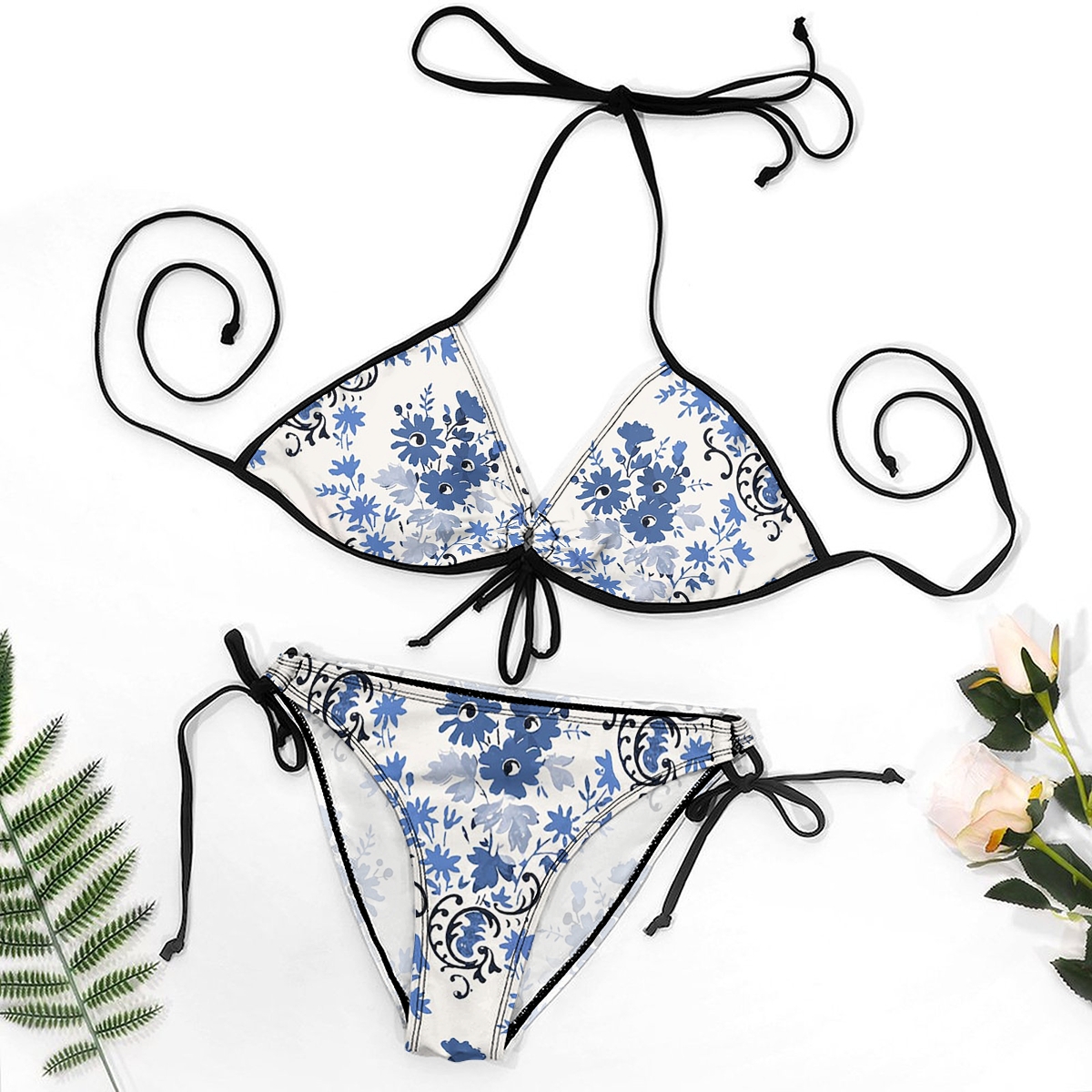 Women Floral Two Piece Bikini Set with Halter Neck and Keyhole Cutout