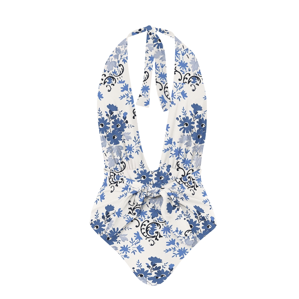 Chic One Piece Swimsuit for Women Blue White Floral Halter Tie Waist Style