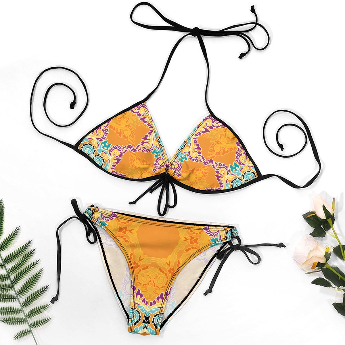 Women Two Piece Bikini Set with Tribal Print and Halter Tie Top