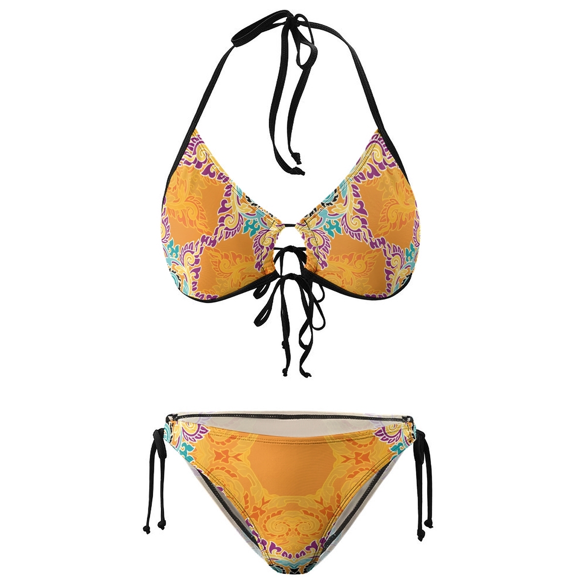 Women Two Piece Bikini Set with Tribal Print and Halter Tie Top