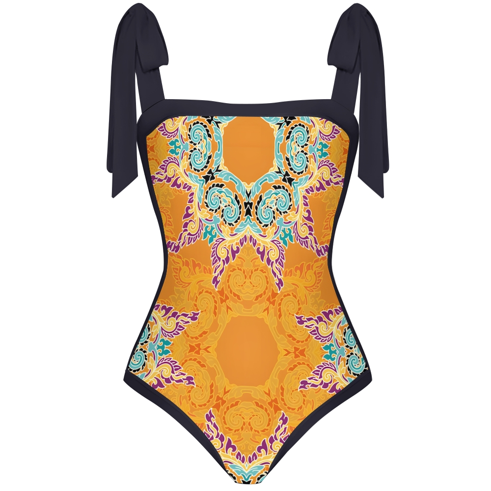 Colorful Pattern One Piece Swimsuit for Women Square Neck Bow Shoulder Design