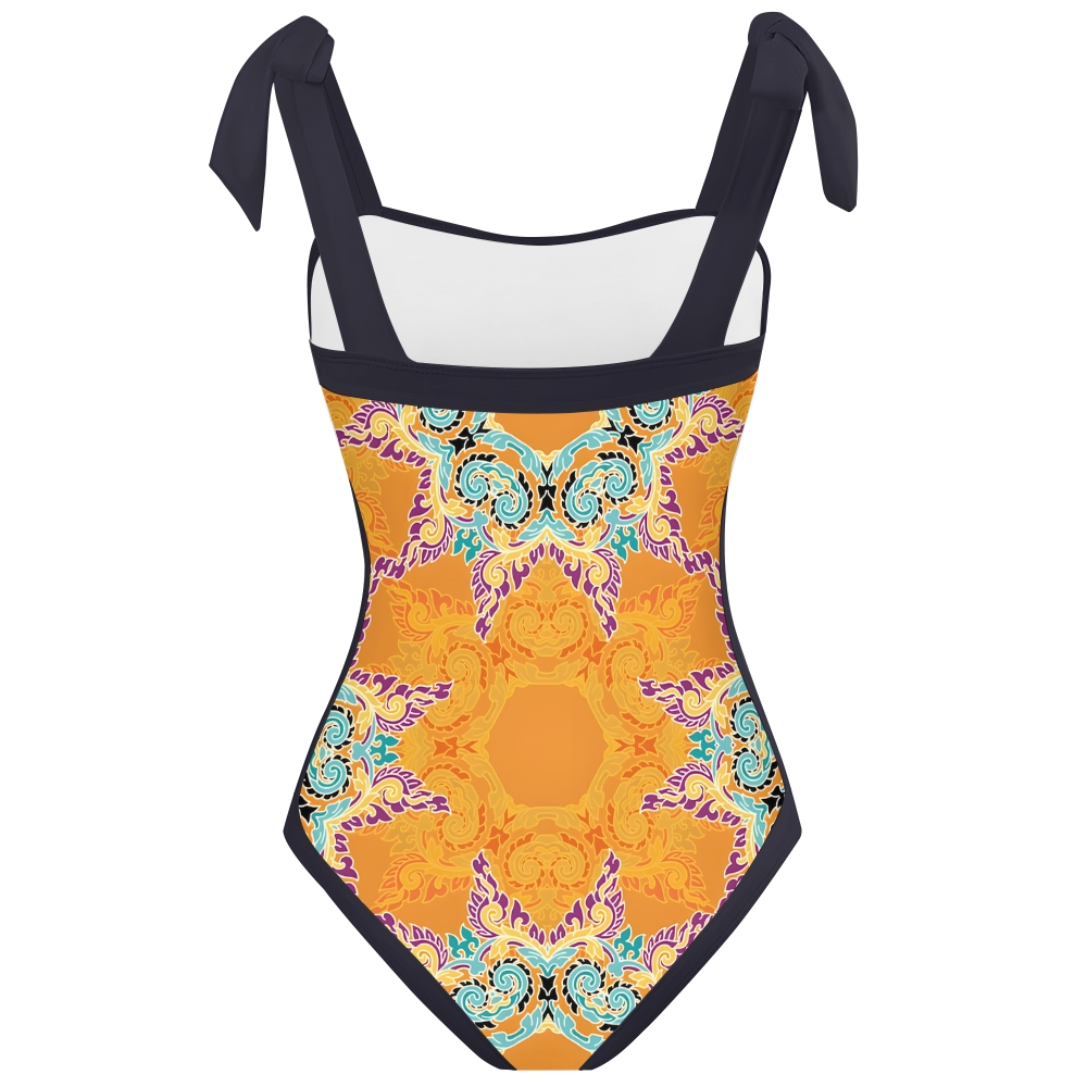 Colorful Pattern One Piece Swimsuit for Women Square Neck Bow Shoulder Design